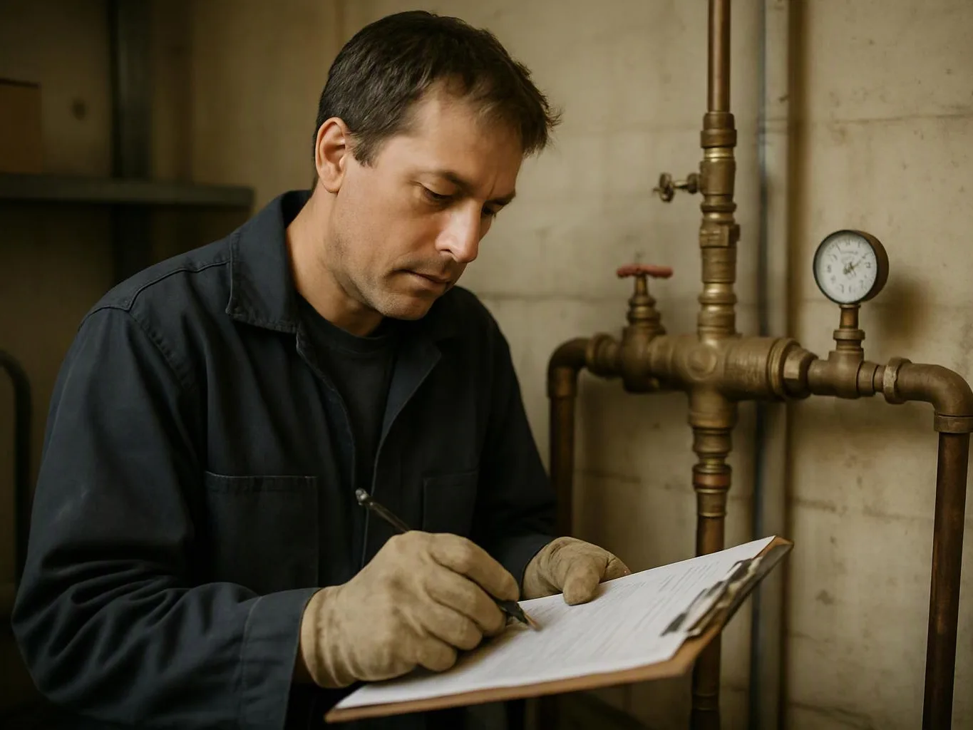 A man in gloves writes on a clipboard beside brass pipes and a pressure gauge