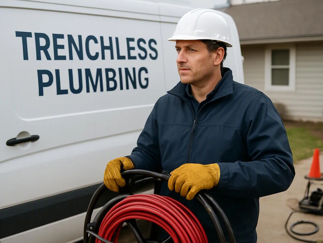 A man in a hard hat and gloves holds a coiled red hose beside a white plumbing van