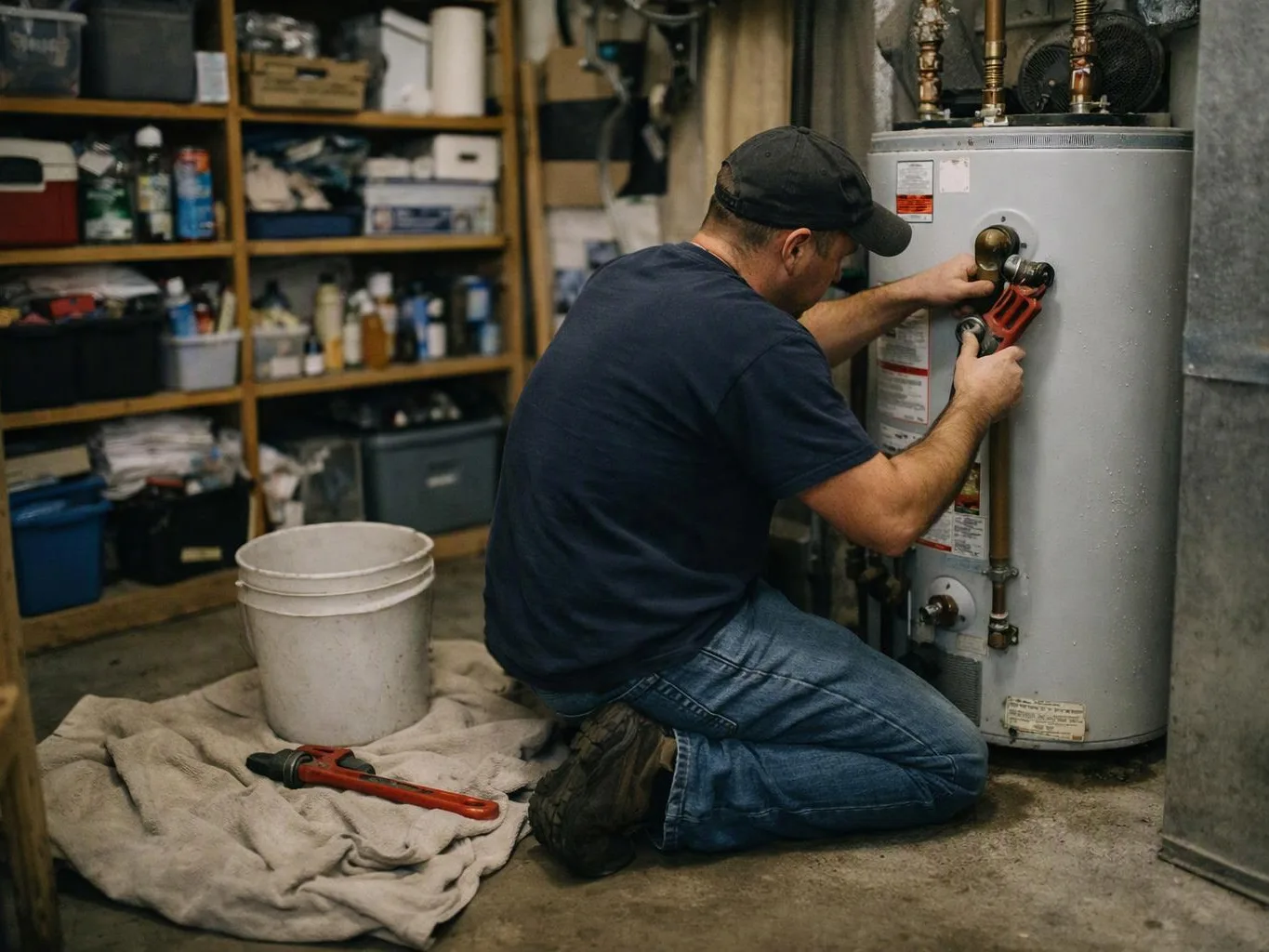 A man kneels in a basement, using a wrench to repair a water heater next to shelves and a bucket