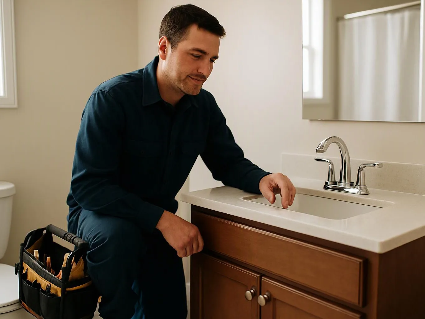 A man kneels by a bathroom sink, reaching toward the counter beside a tool bag