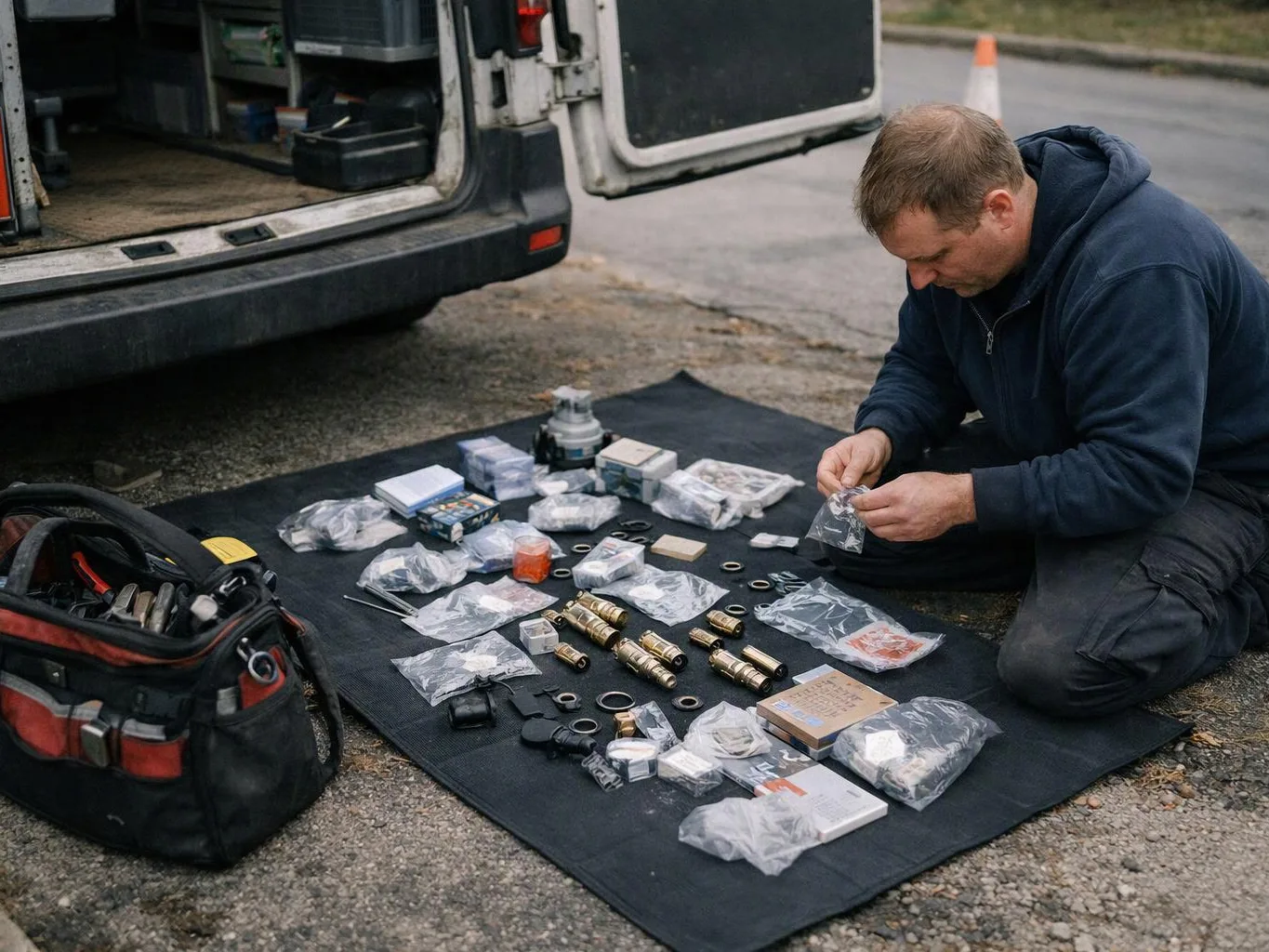 A man kneels beside an open van, sorting small parts and tools on a black mat outdoors