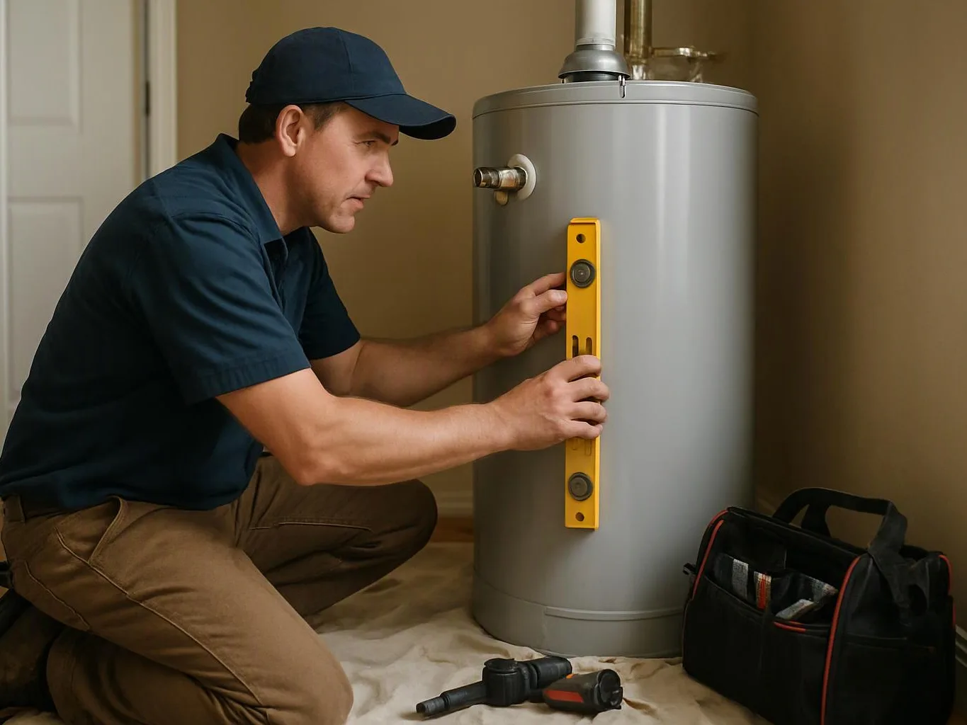 A man kneels beside a water heater, holding a level while checking its side in a room