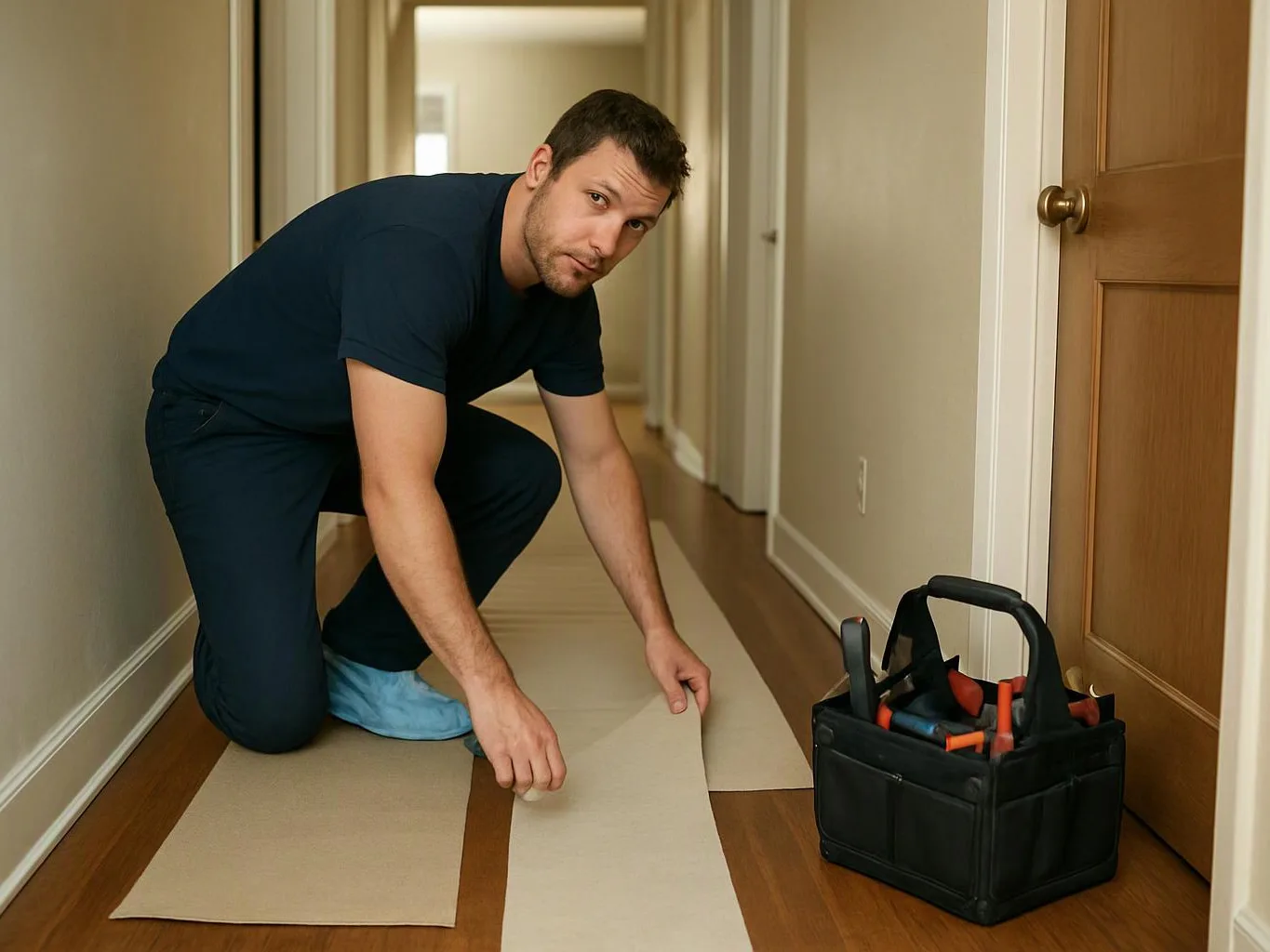 A man kneels in a hallway, aligning beige floor strips beside a tool bag and wooden door