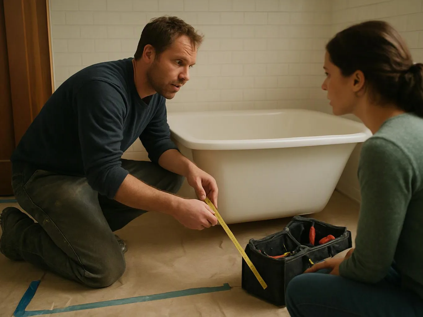 A man kneels measuring the floor near a bathtub while a woman watches in a tiled bathroom