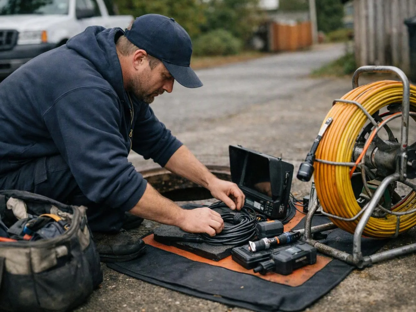 A man kneels outdoors, arranging cables and a small monitor beside a large yellow reel of wire