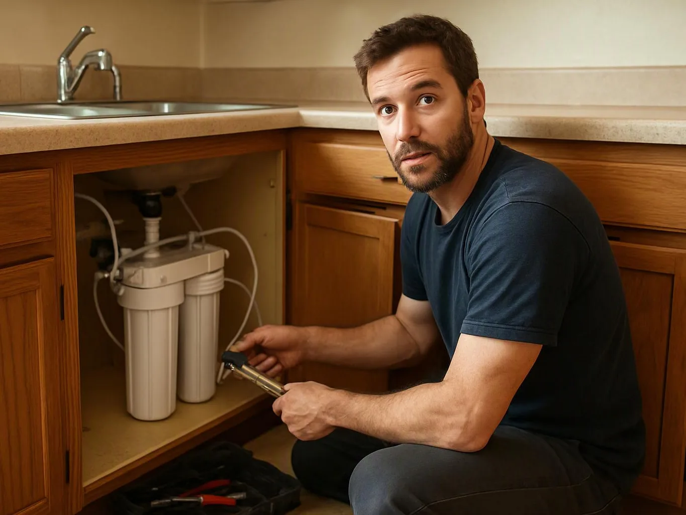 A man kneels under a kitchen sink, holding a wrench beside a water filter system