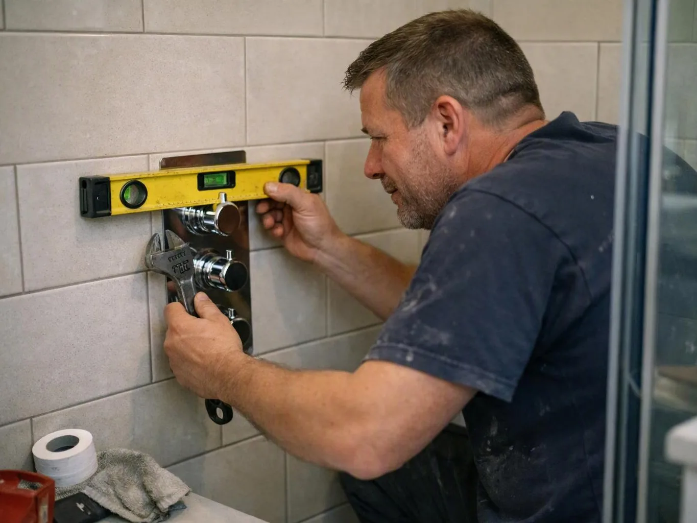 A man levels a wall-mounted plumbing fixture while tightening a fitting in a tiled bathroom or shower area