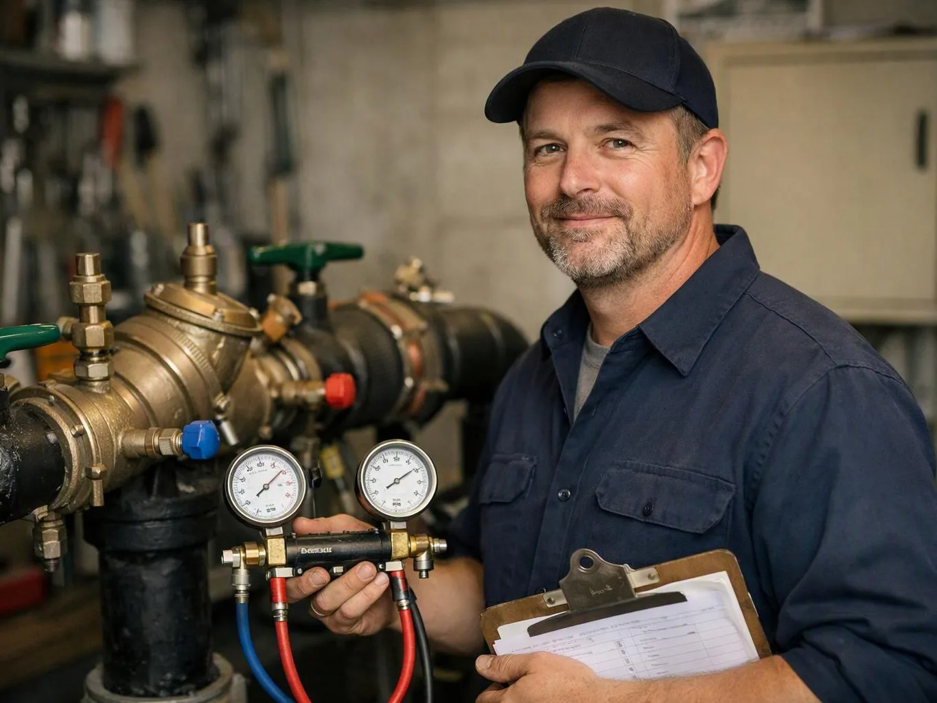 A man in a navy cap holds pressure gauges beside industrial pipes and a clipboard in a workshop