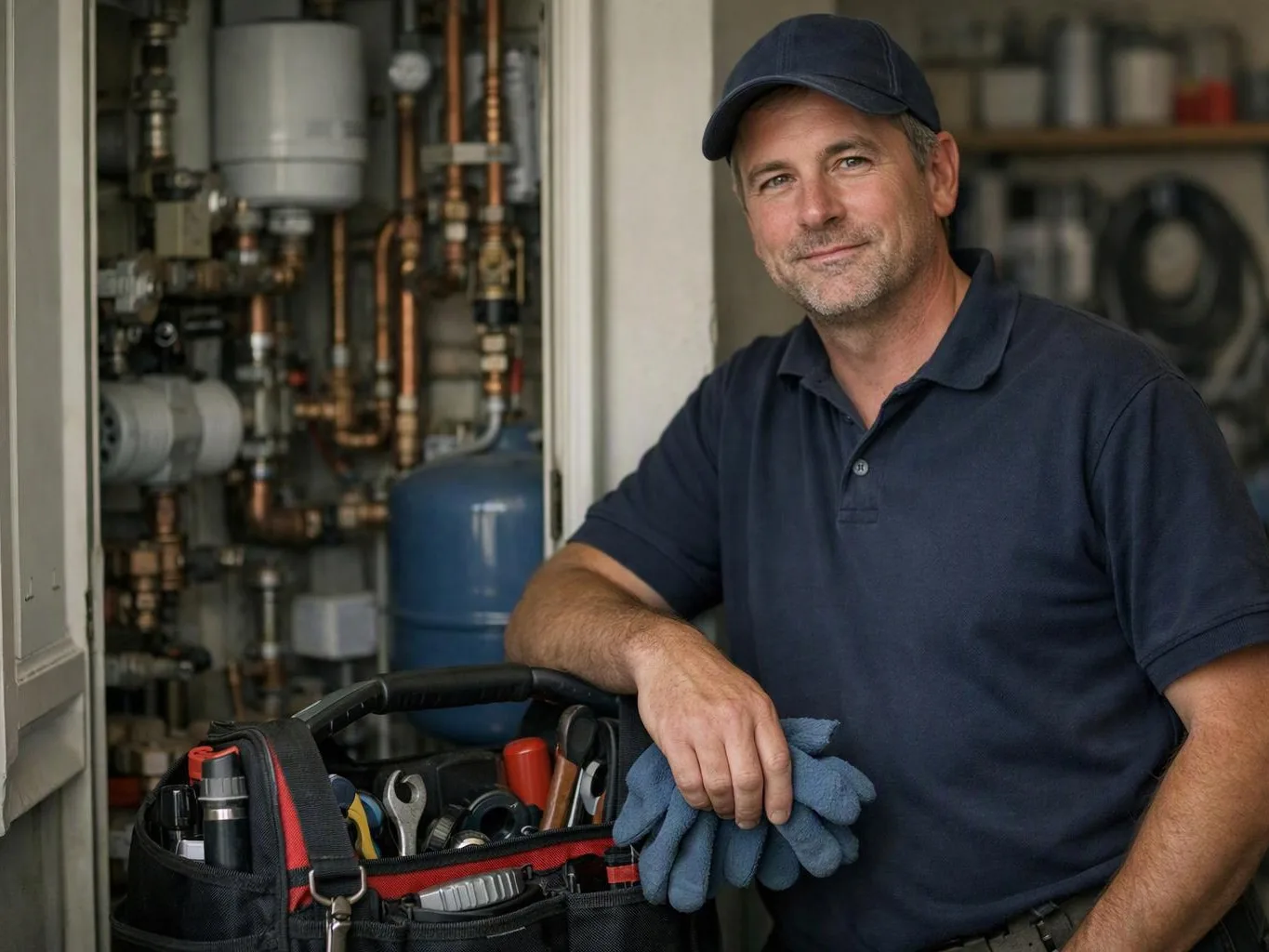 A man in a navy cap and polo holds work gloves beside a tool bag in a mechanical room