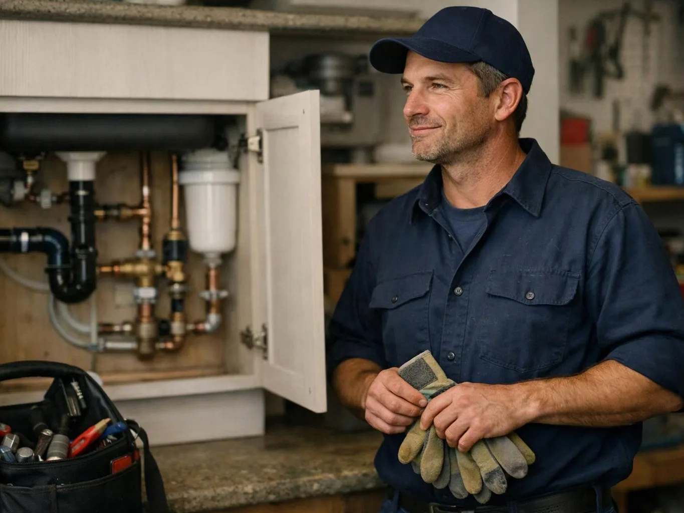 A man in a navy cap and work shirt stands beside open plumbing under a sink, holding gloves in a workshop