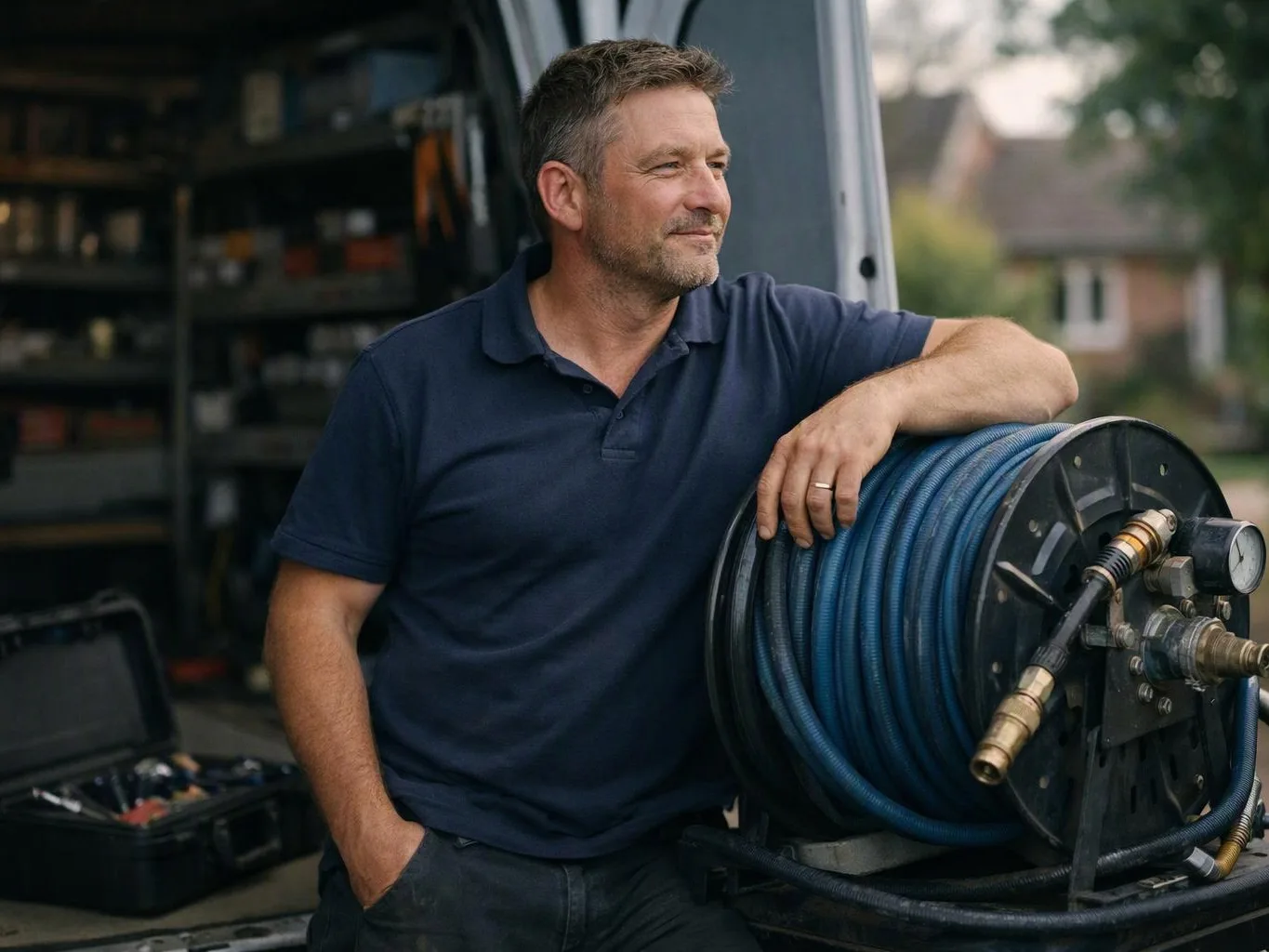 A man in a navy polo leans on a blue hose reel beside an open van, looking off to the side