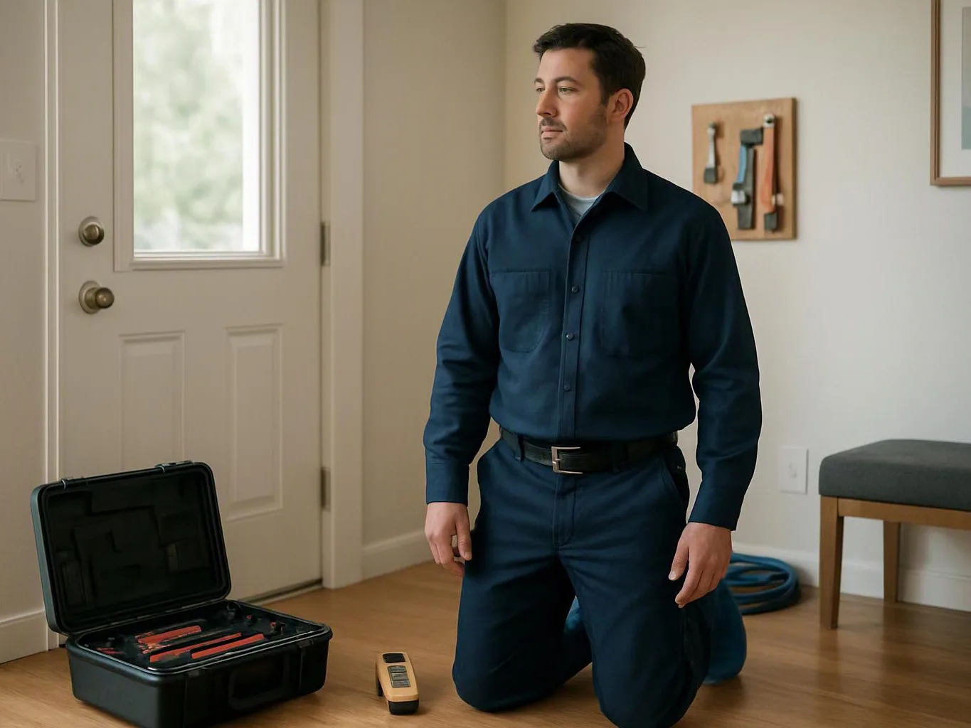 A man in a navy uniform kneels on a hardwood floor beside an open tool case in a bright room