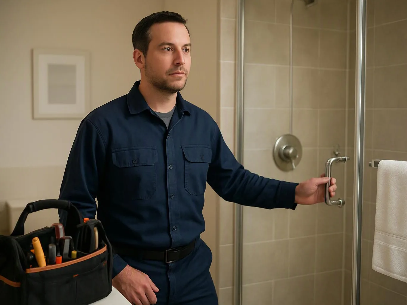 A man in a navy work shirt stands in a bathroom, holding a glass shower door beside a tool bag