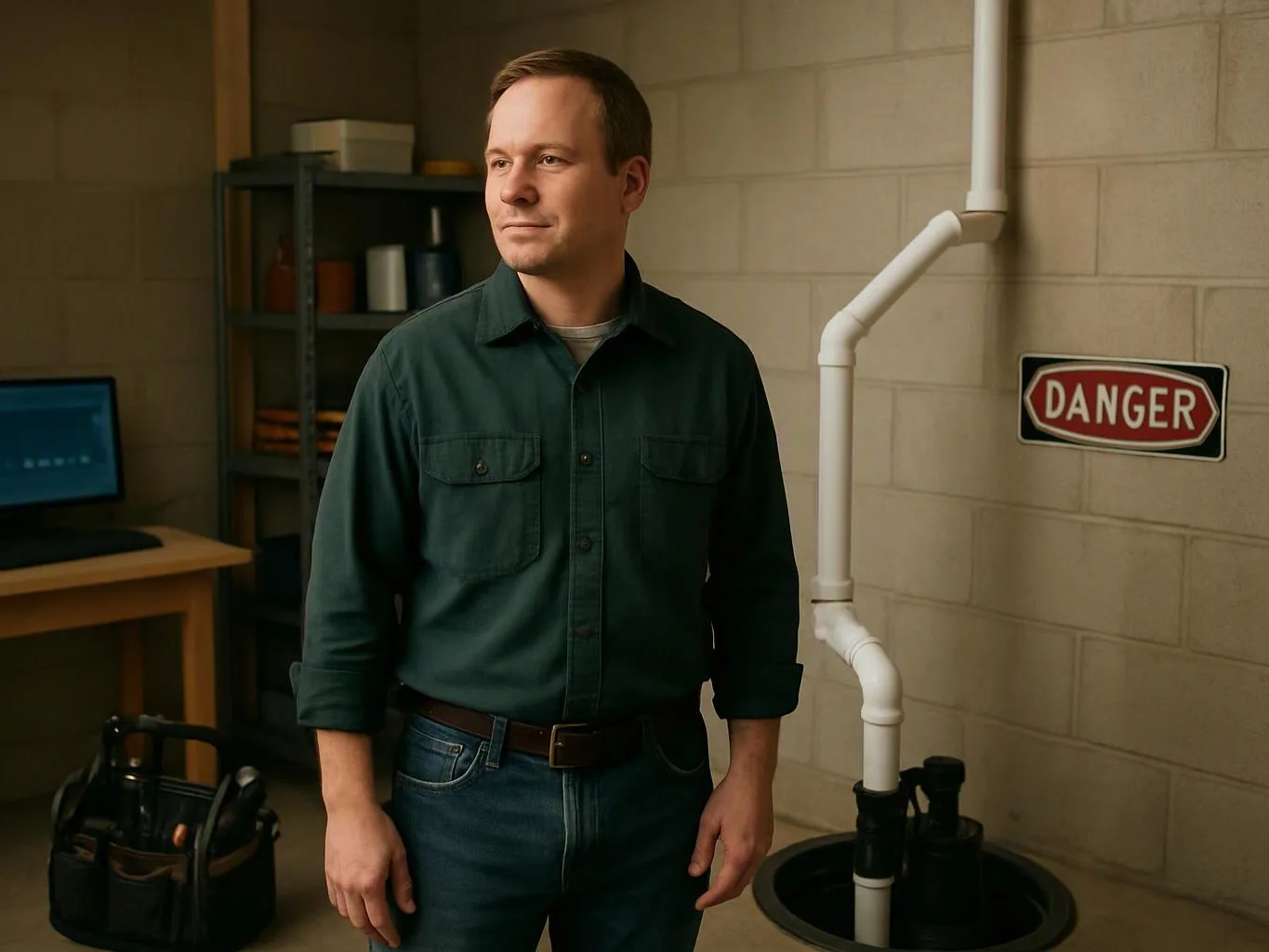 A man stands in a utility room beside white pipes and a red DANGER sign