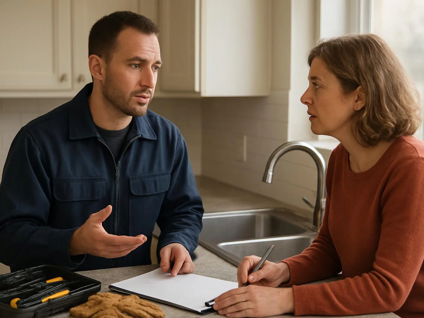 A man and woman talk at a kitchen counter beside a sink, with tools and a notebook between them