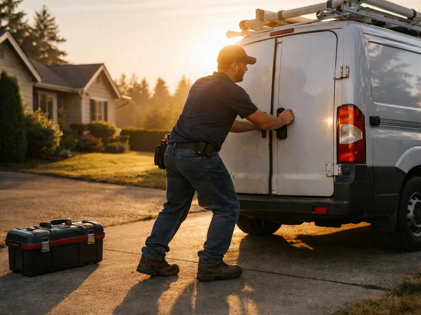 A man in work clothes opens the back doors of a white service van on a sunlit suburban driveway