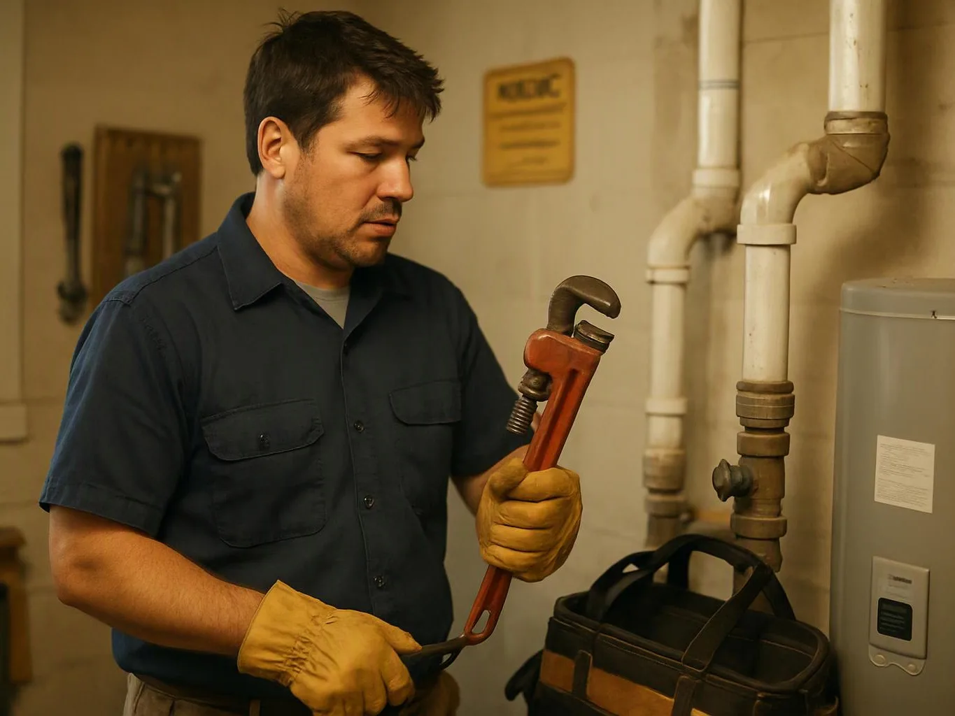 A man in work gloves holds a pipe wrench beside indoor plumbing and a water heater