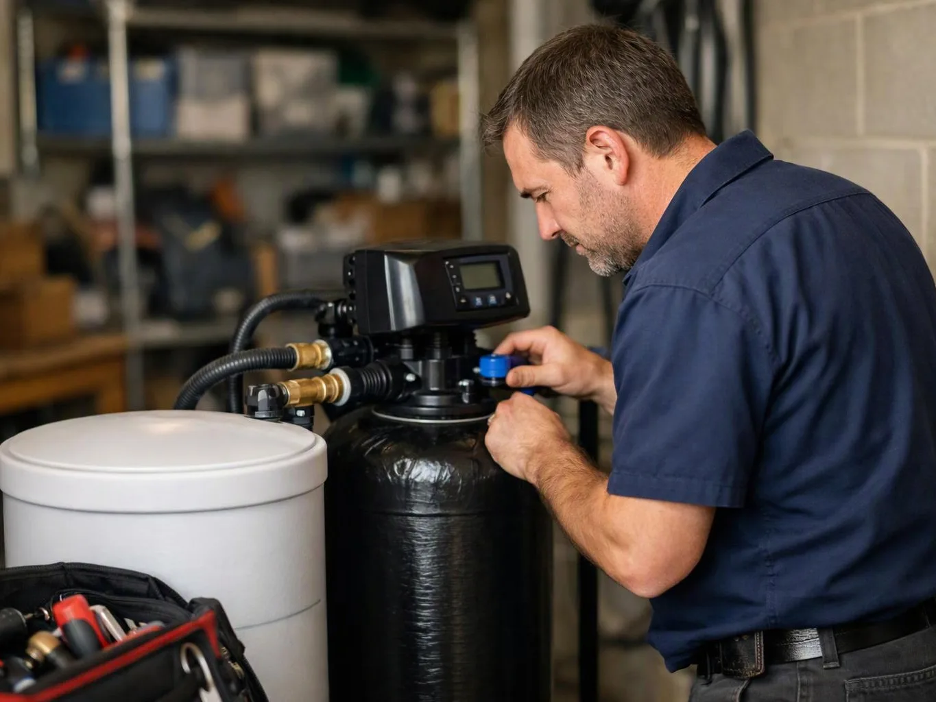 A man in a workshop adjusts a black water softener unit beside a white tank