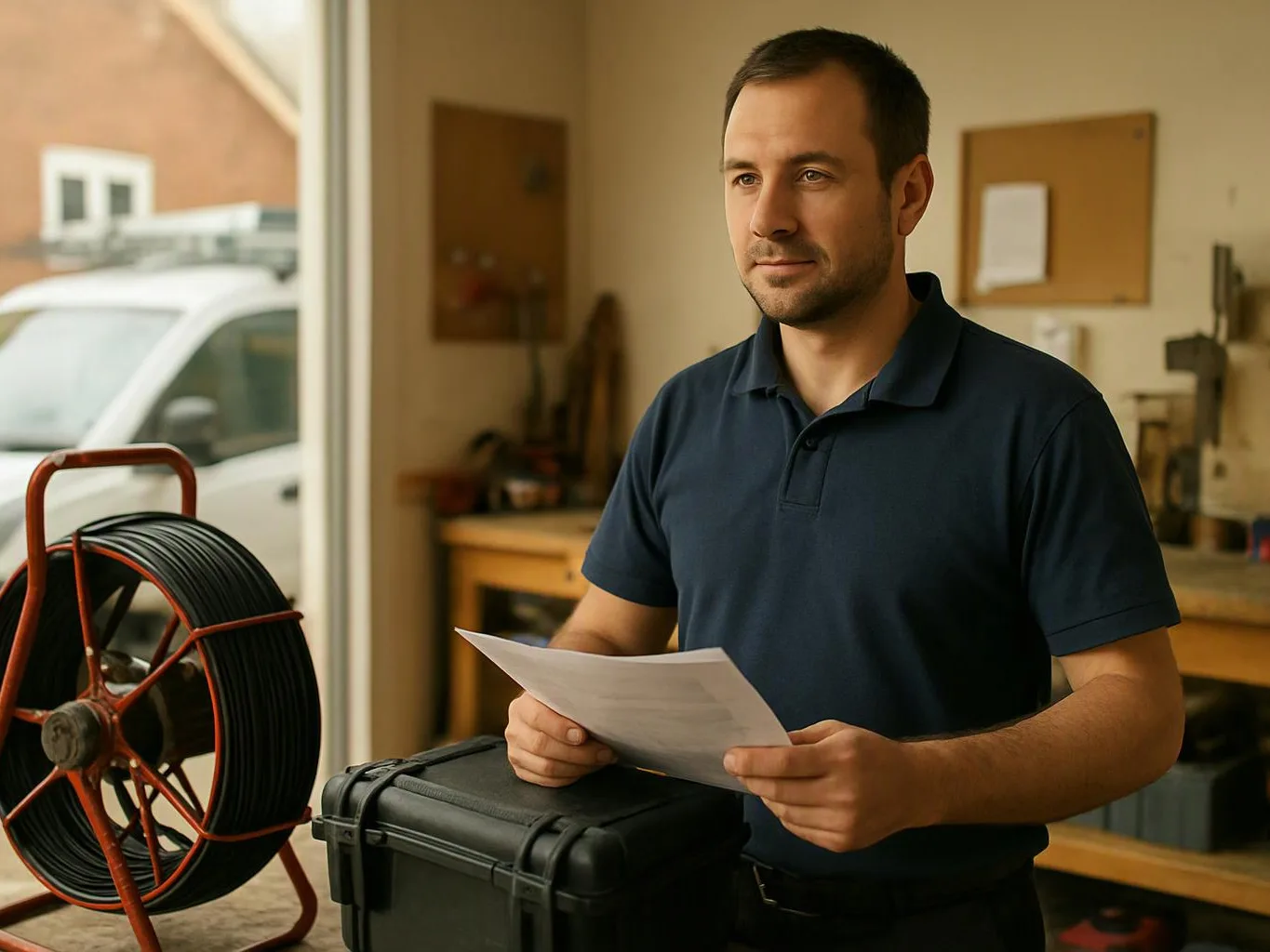 A man in a workshop holds a sheet of paper beside a cable reel and black case