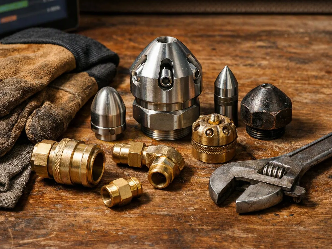 Metal nozzles, brass fittings, work gloves, and an adjustable wrench rest on a worn wooden workbench
