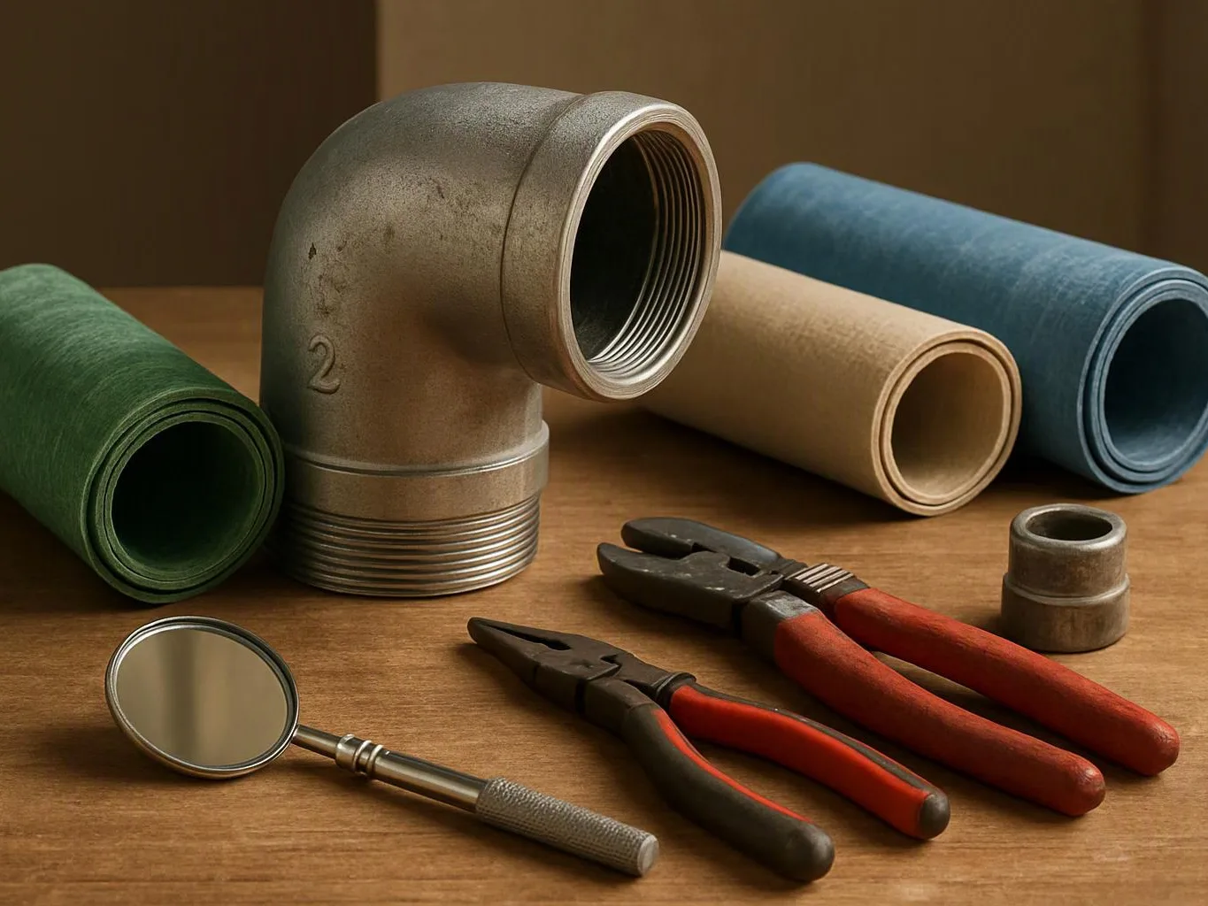 Metal pipe fittings, insulated rolls, pliers, and a small inspection mirror lie on a wooden workbench