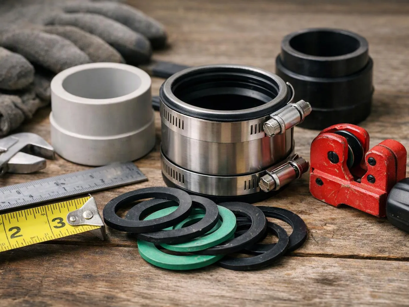 Metal pipe fittings, rubber rings, and measuring tools lie on a worn wooden workbench