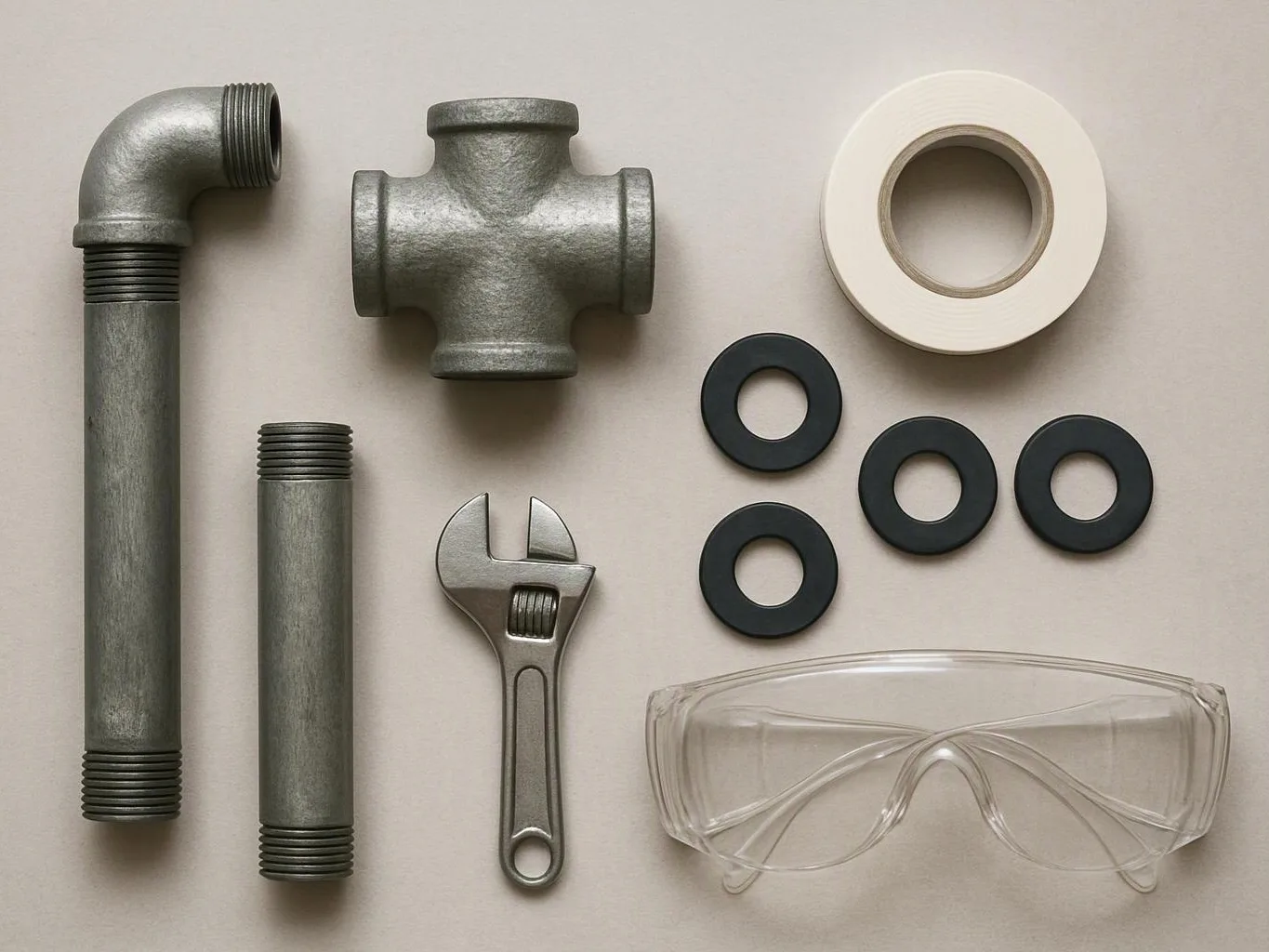 Metal pipe fittings, a wrench, tape, washers, and clear safety glasses lie arranged on a plain surface