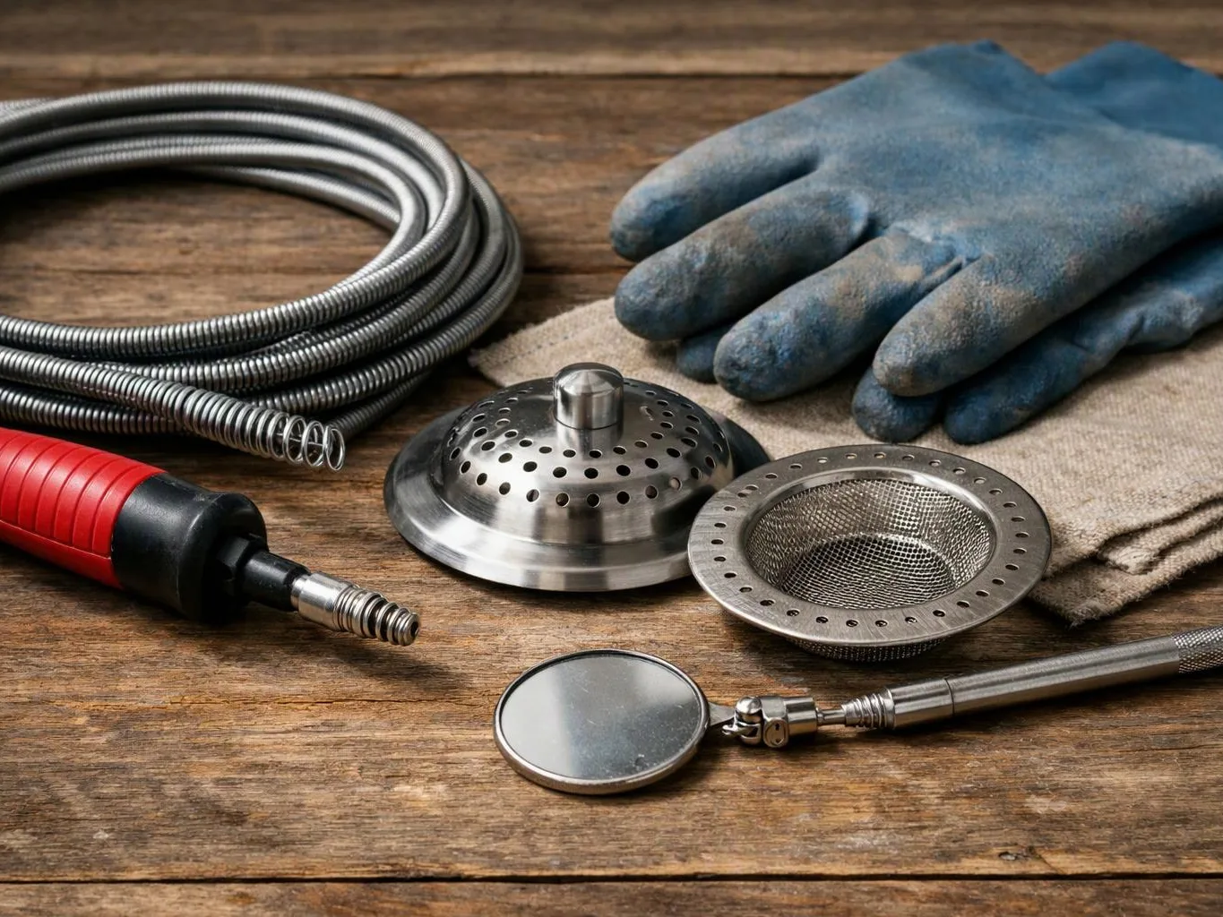 Metal plumbing tools, gloves, and drain parts lie arranged on a wooden workbench