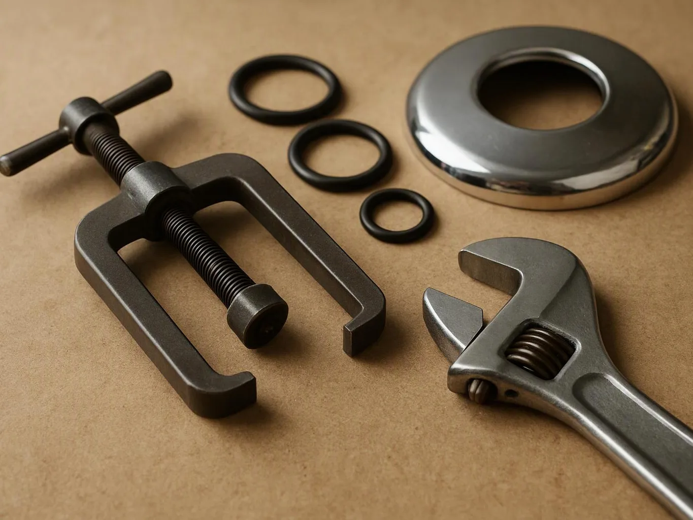 Metal tools and rubber rings lie on brown paper, with a clamp, wrench, and chrome ring visible