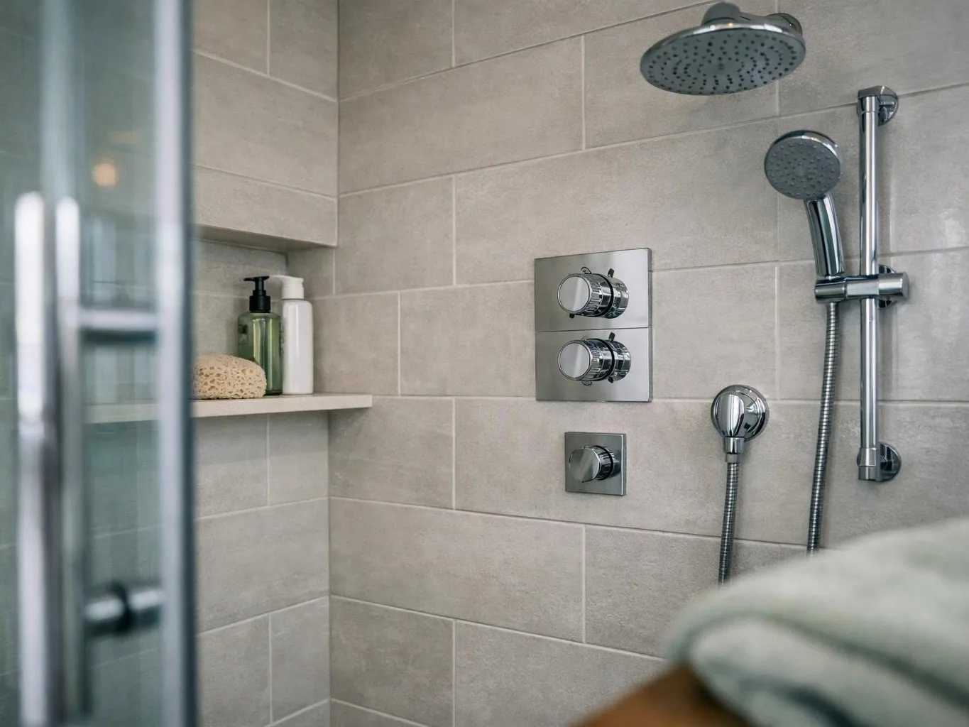 A modern tiled shower shows chrome controls, two showerheads, and a shelf with soap and bottles