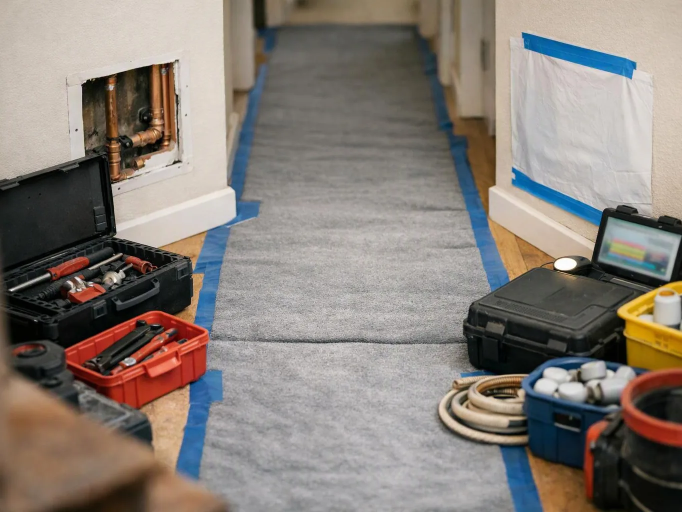 A narrow hallway has floor covering taped down, with open toolboxes and plumbing parts lined along both sides