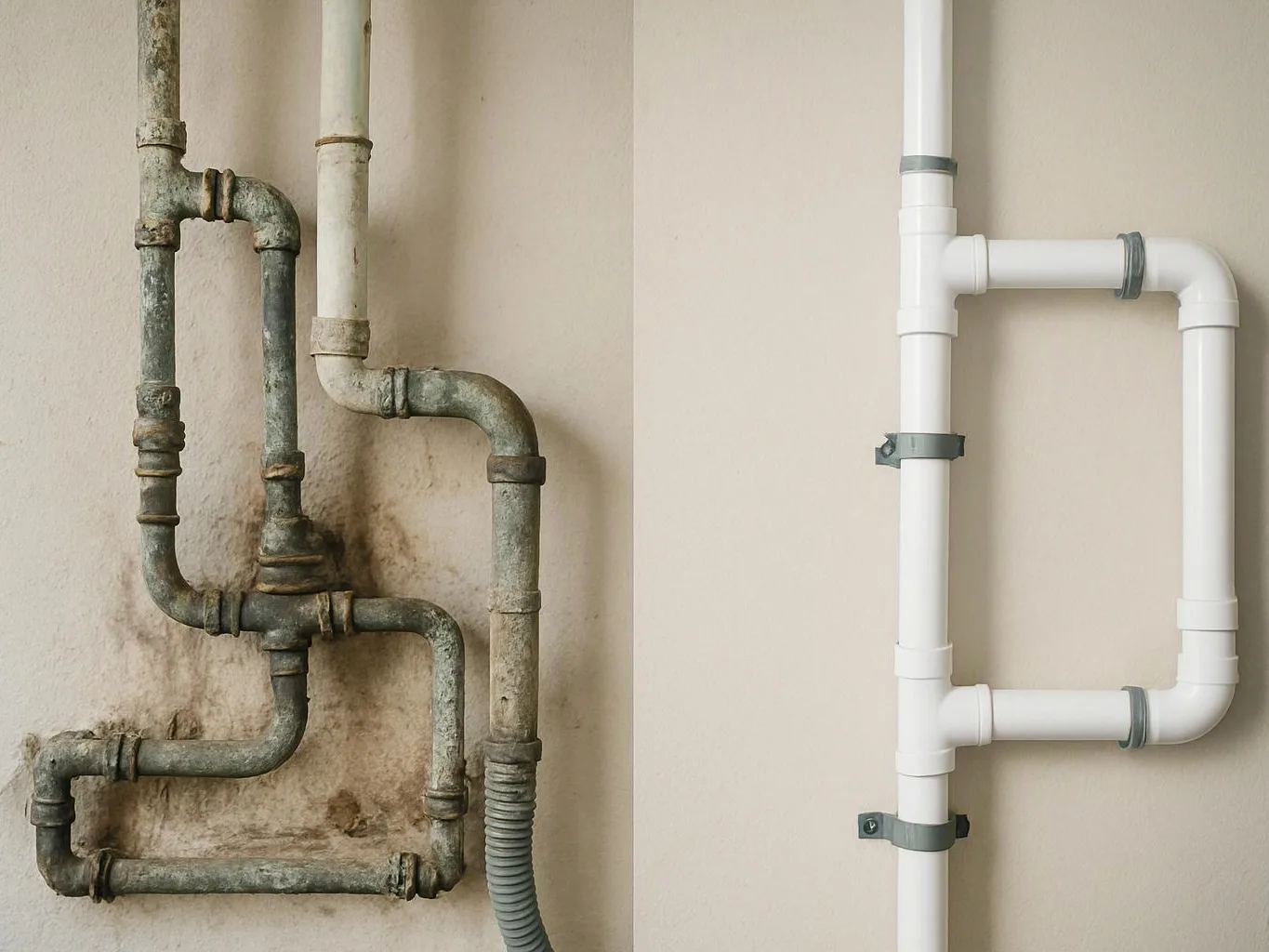 Old corroded pipes on the left sit beside clean white pipes on a beige wall