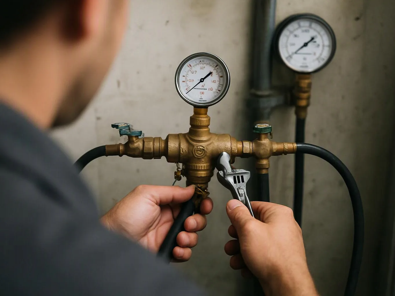A person adjusts a brass valve with a wrench beside pressure gauges and black hoses in a utility room