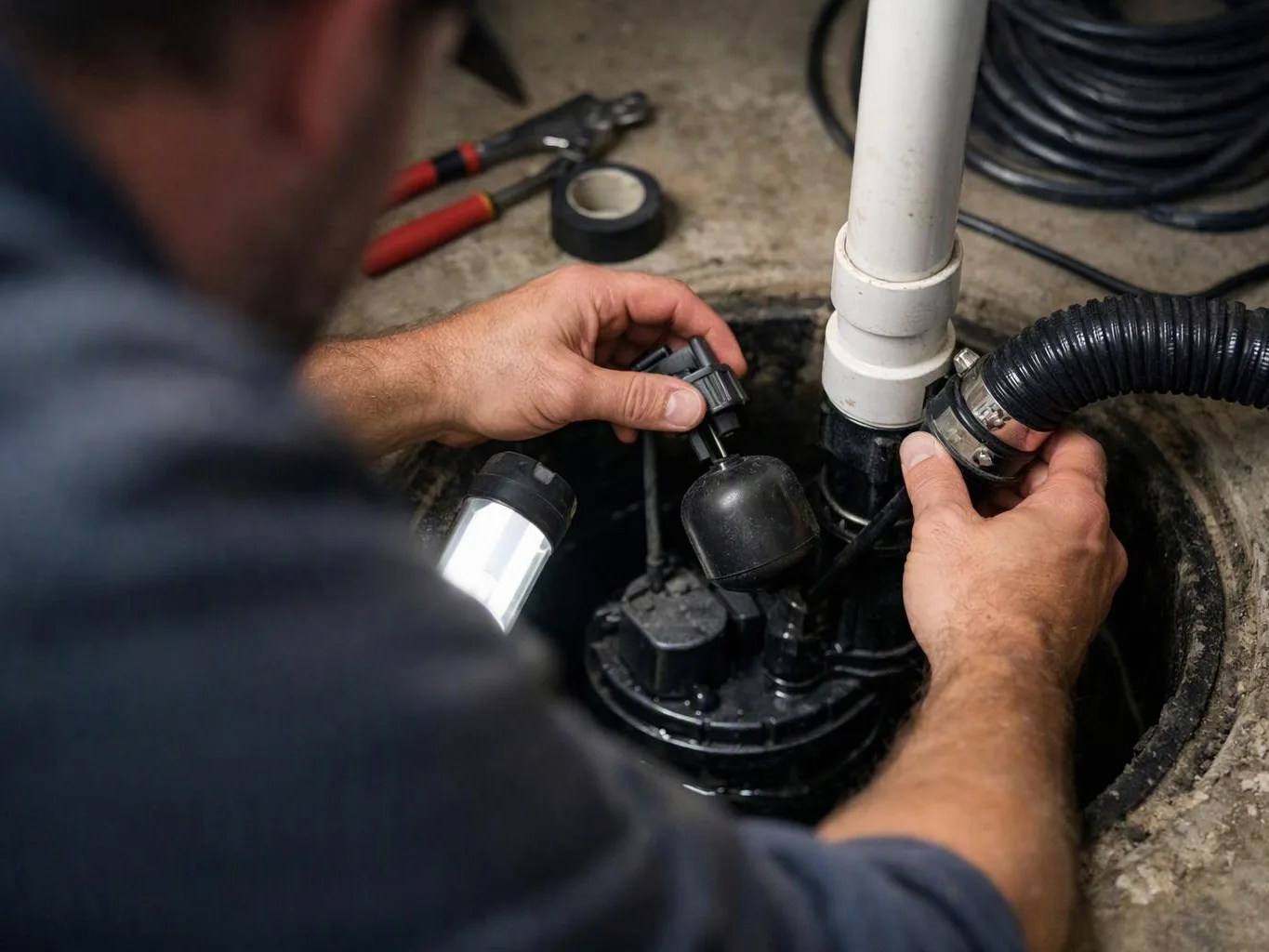 A person adjusts a pump and hoses inside an open floor pit with tools nearby