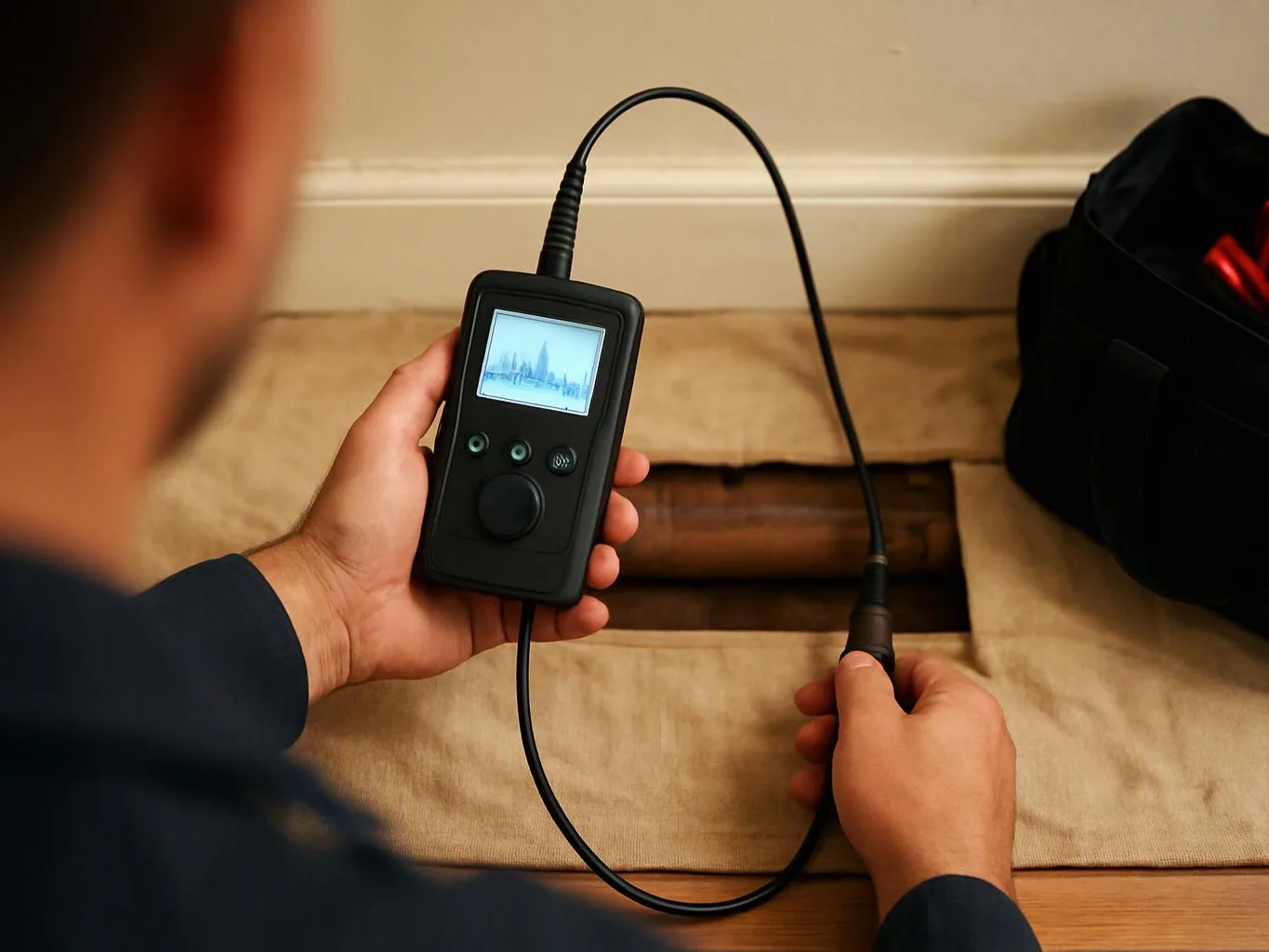 A person holds a handheld inspection camera over a floor opening beside a wall and bag