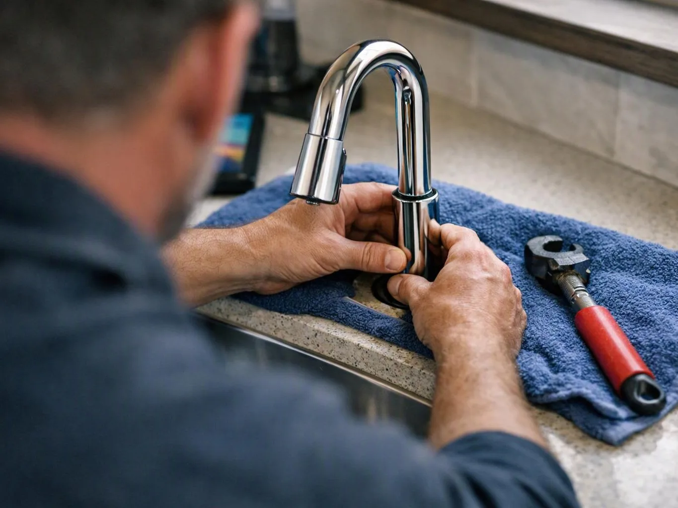 A person installs a chrome kitchen faucet on a countertop beside a blue towel and red-handled tool