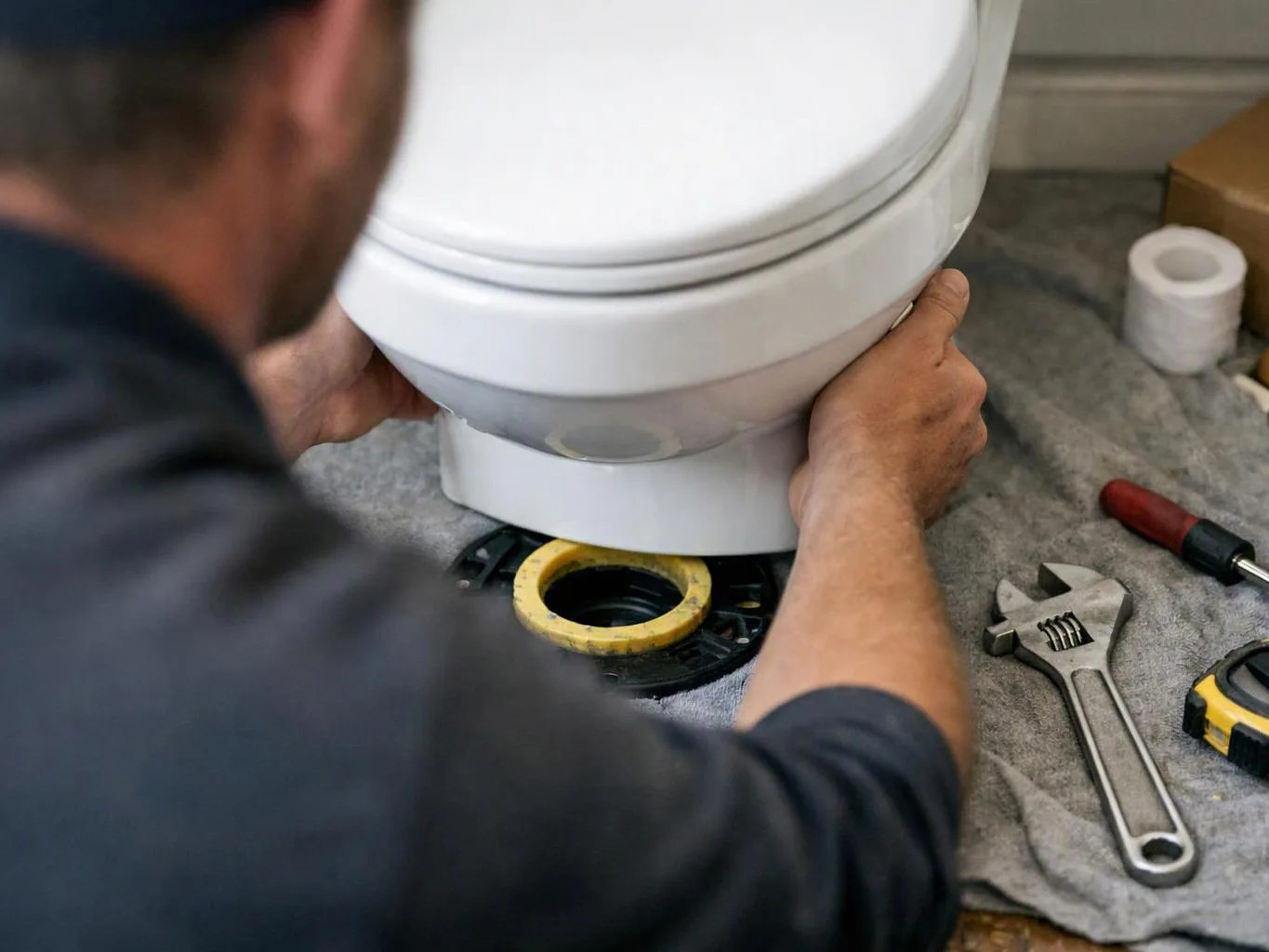 A person installs a white toilet bowl on a floor flange with tools and toilet paper nearby