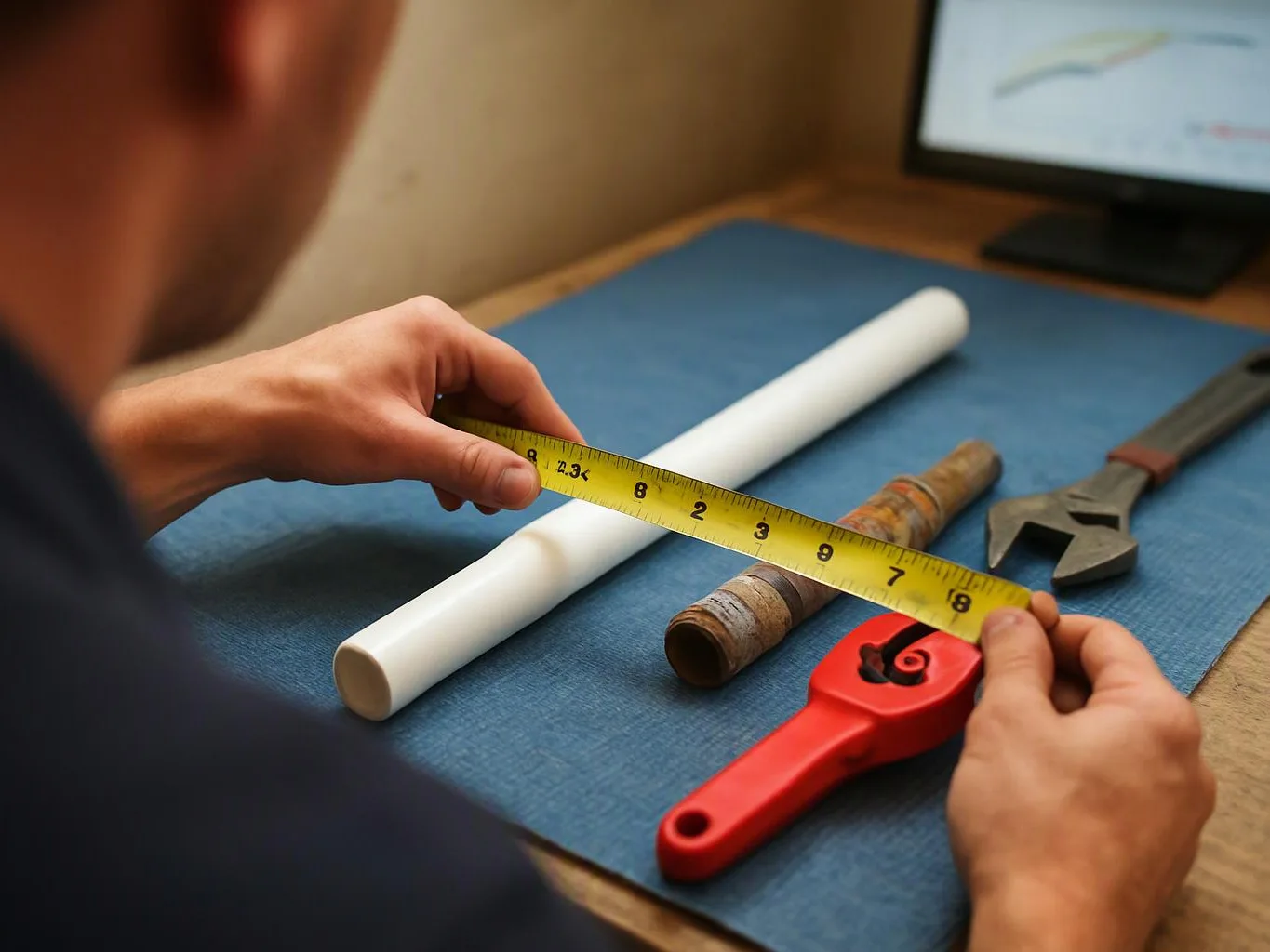 A person measures a white pipe on a workbench beside tools and a computer screen