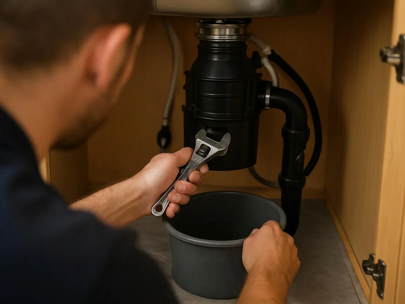A person tightens a sink drain pipe under a cabinet with a wrench, with a bucket below