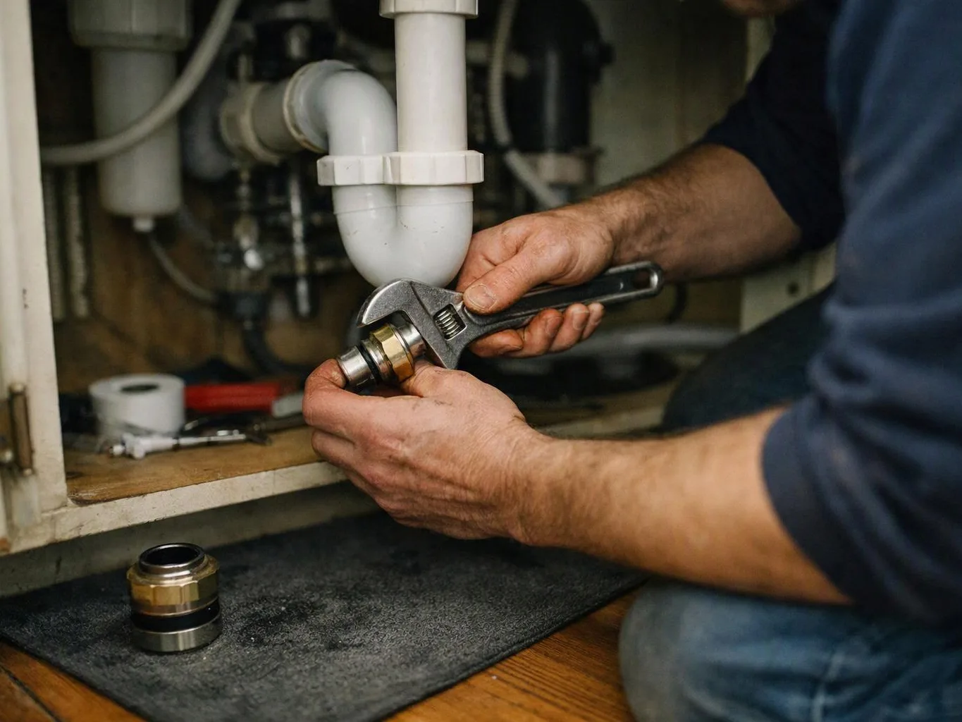 A person uses an adjustable wrench to fix plumbing under a sink cabinet