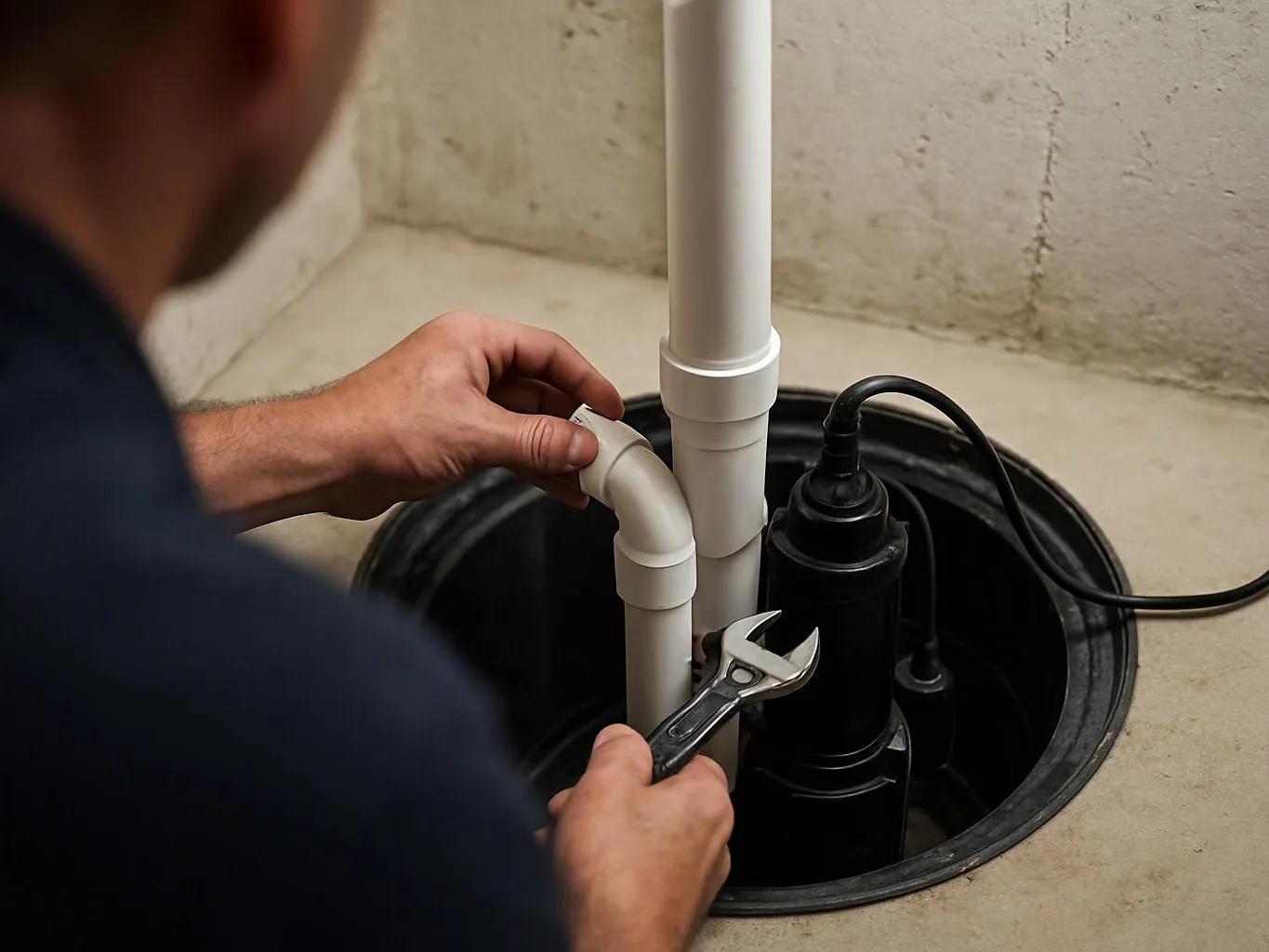 A person uses a wrench to adjust white PVC pipes inside a floor pit with a black pump and cable