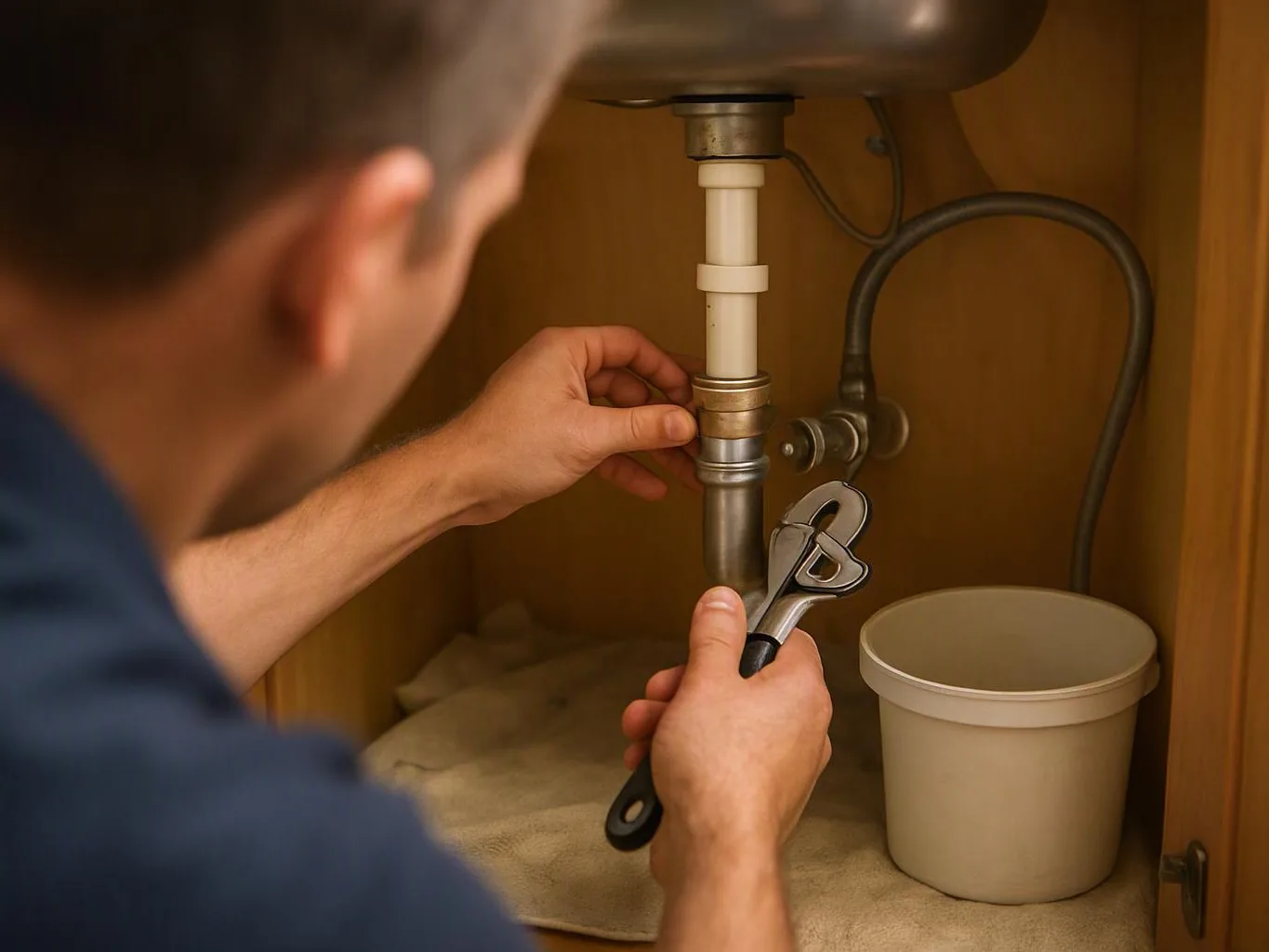 A person uses a wrench to fix plumbing under a sink, with a bucket nearby
