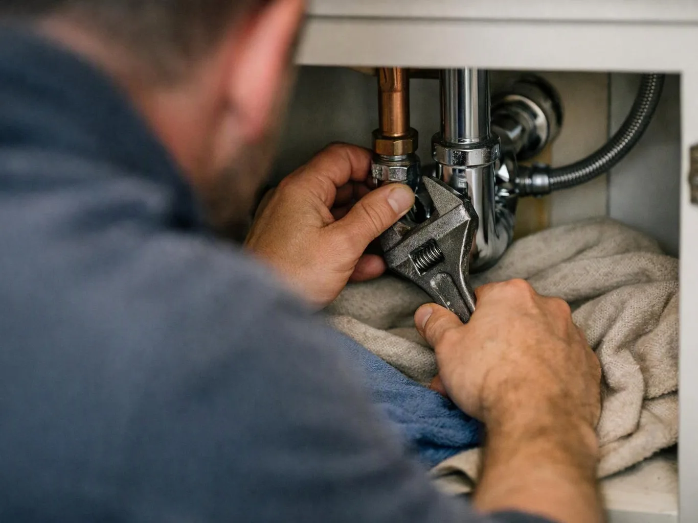 A person uses a wrench to tighten plumbing pipes under a sink, with towels beneath the fittings