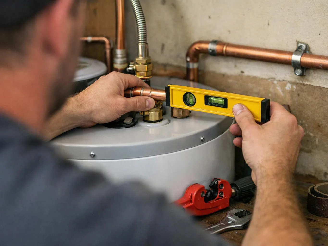 A person uses a yellow spirit level on copper pipes above a water heater in a utility area