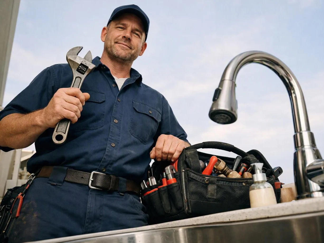 A plumber in blue work clothes holds a wrench beside a sink faucet and open tool bag outdoors