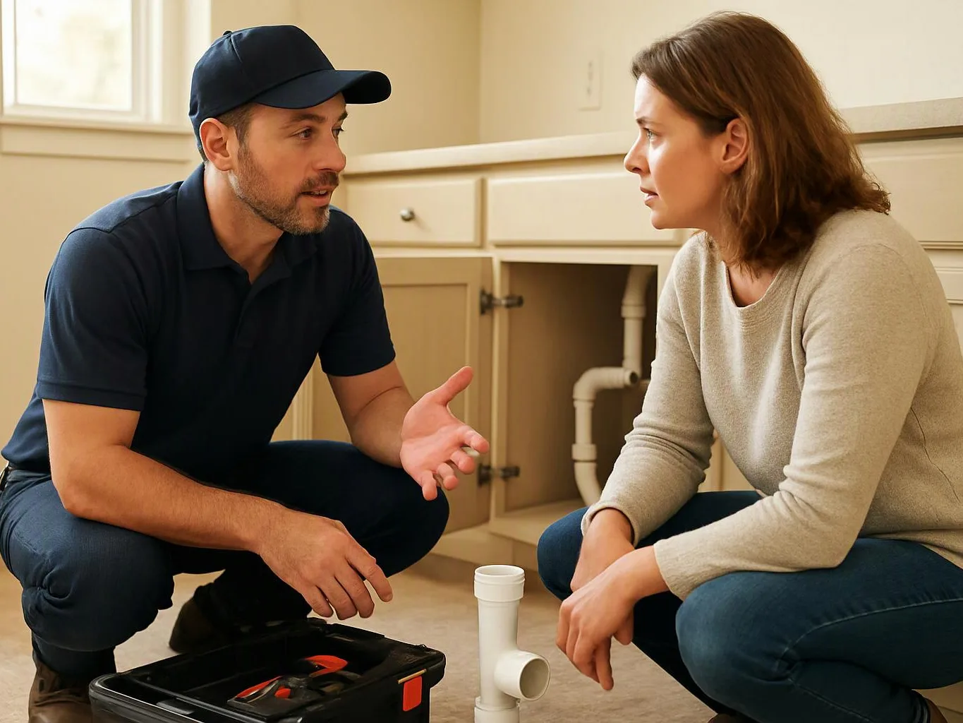 A plumber in a cap talks to a woman beside an open sink cabinet with tools on the floor