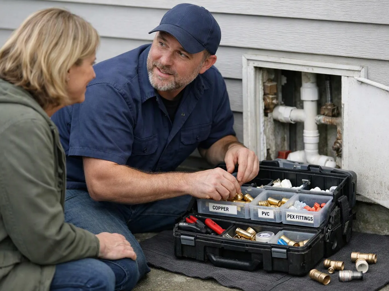 A plumber kneels by an open wall panel, sorting pipe fittings while talking with a seated woman outside a house