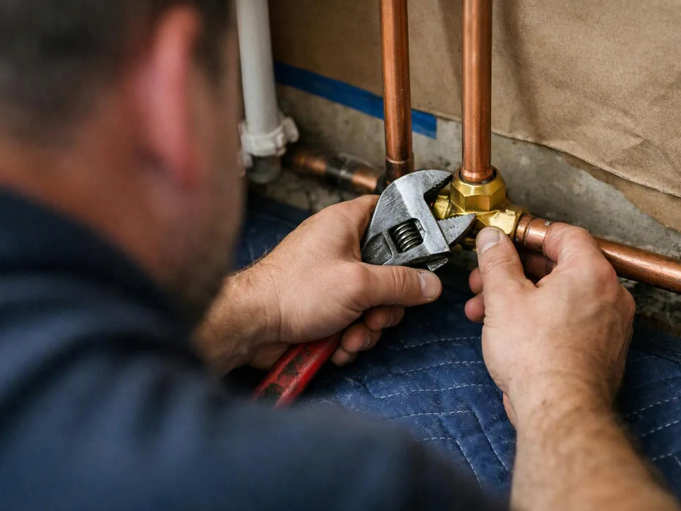 A plumber tightens a brass pipe fitting with an adjustable wrench beside copper pipes in a cramped workspace