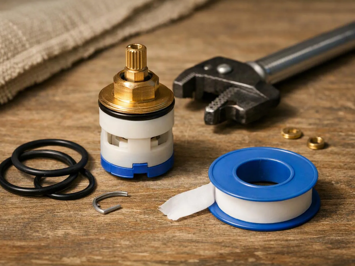 Plumbing parts and tools rest on a wooden table, including O-rings, thread seal tape, and a wrench head