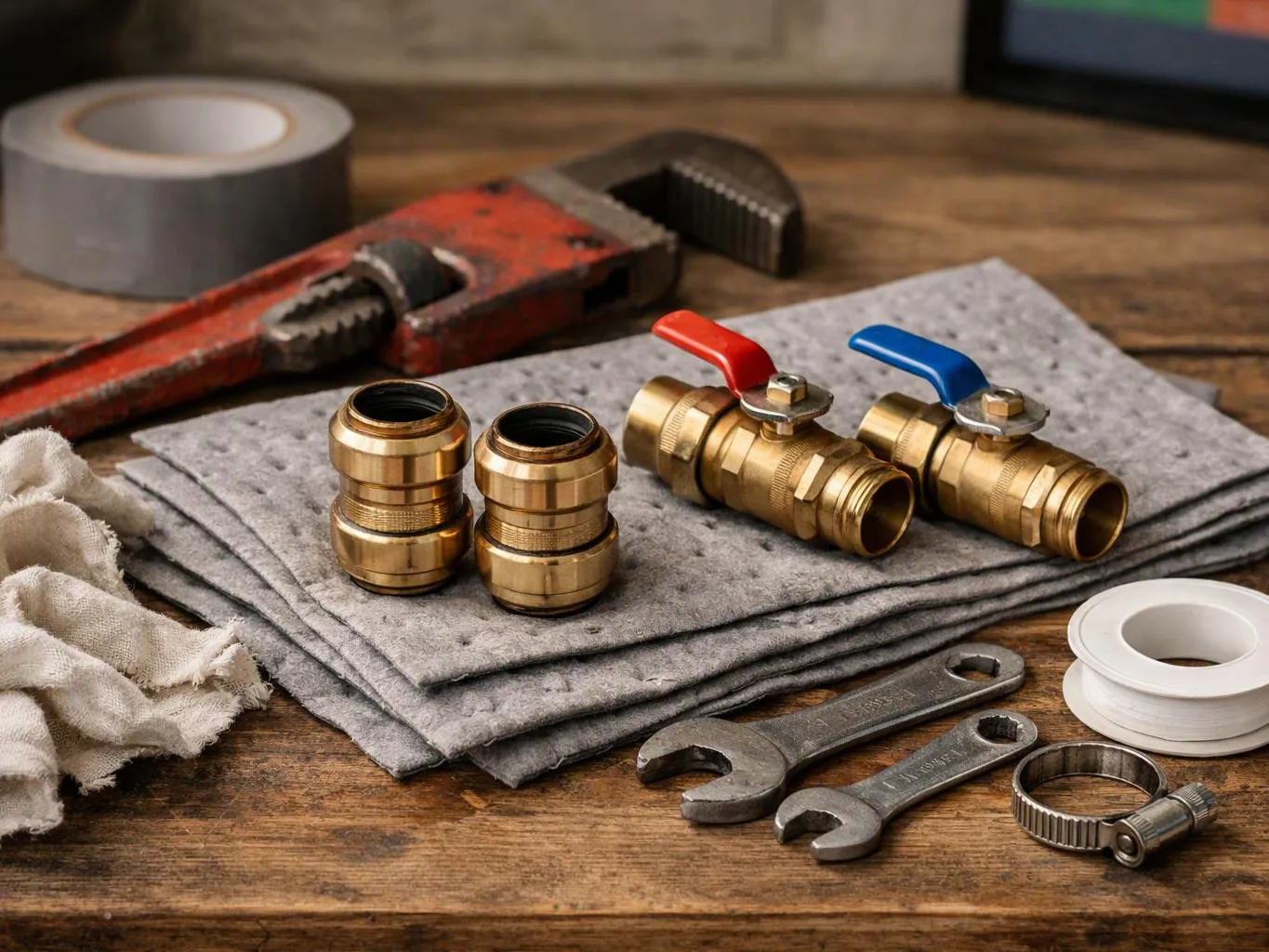 Plumbing tools and brass fittings rest on felt cloths across a wooden workbench